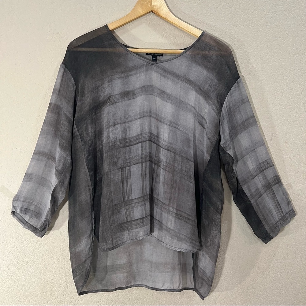 Eileen Fisher 100% Silk Sheer Abstract Gray 3/4 Sleeve Blouse Sz S Lagenlook EUC
